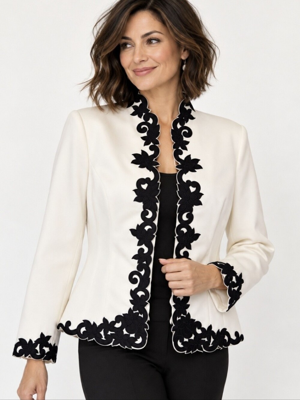 Adrianna Papell Occasions Jacket Size 16 Ivory Black Floral Appliqué NWT